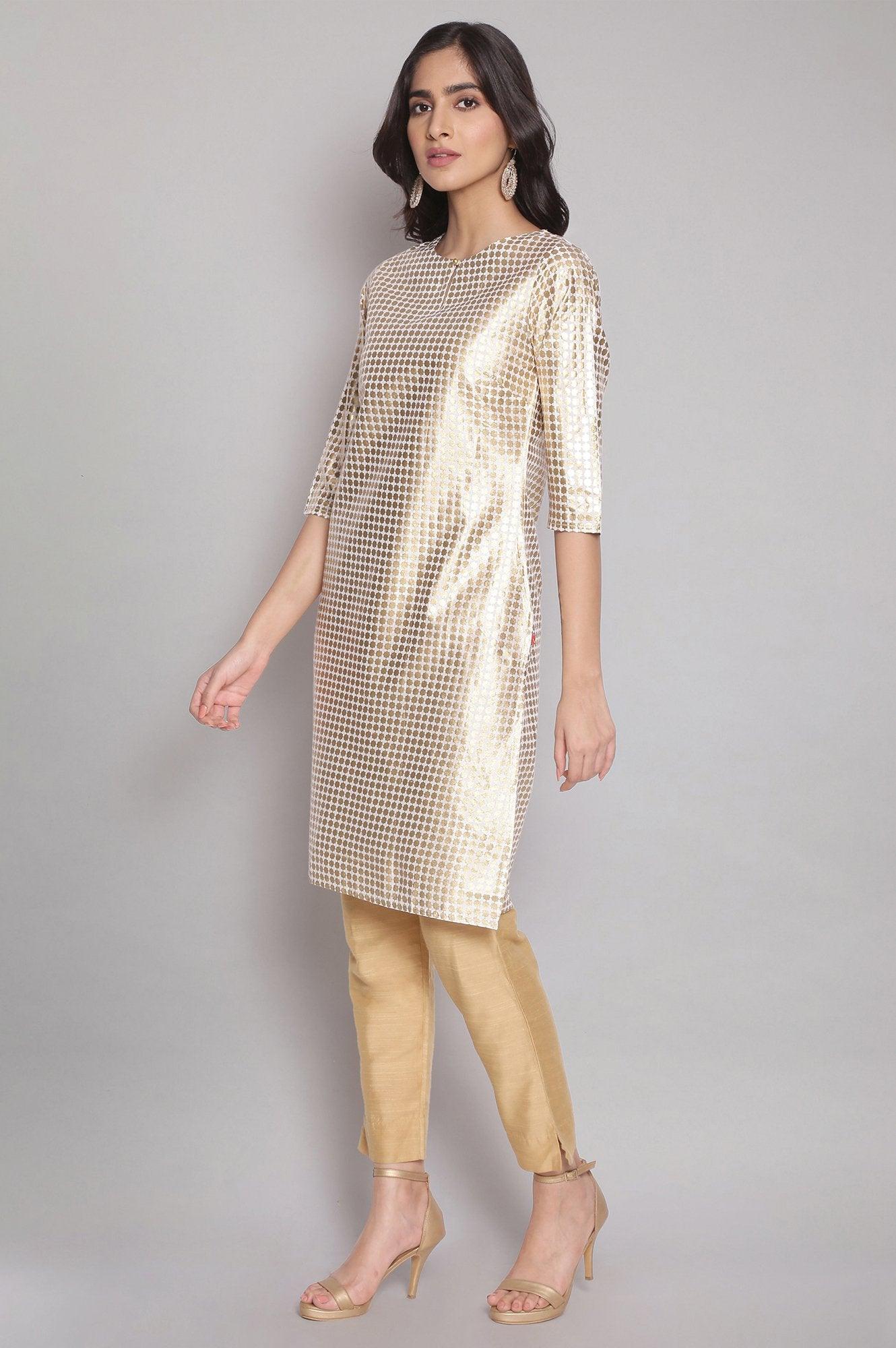 Ecru Gold Foil Print Straight kurta - wforwoman