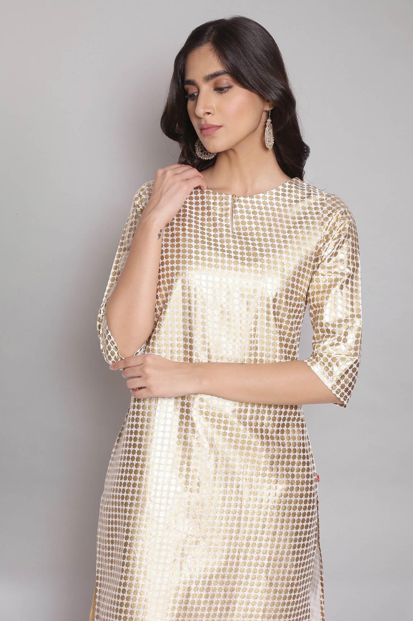 Ecru Gold Foil Print Straight kurta - wforwoman