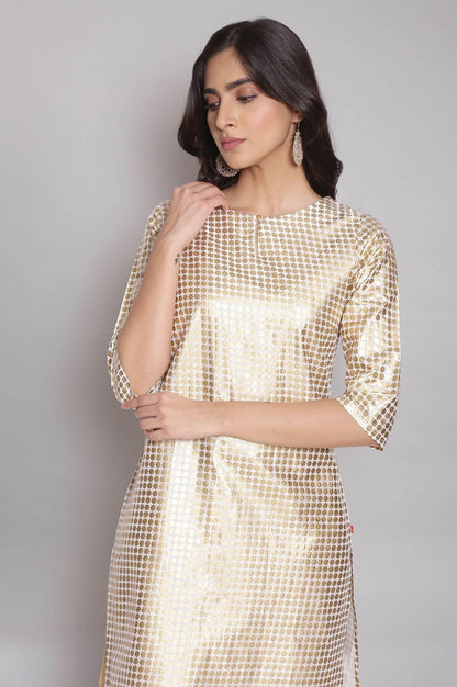 Ecru Gold Foil Print Straight kurta - wforwoman