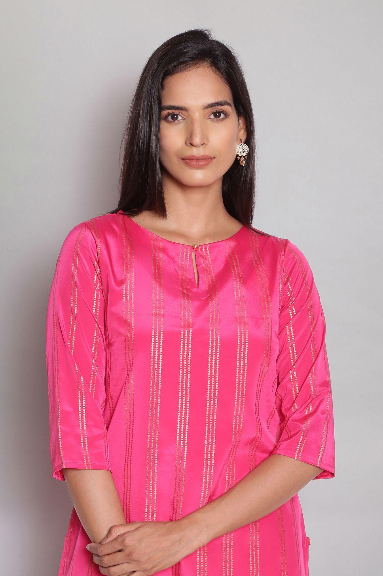 Fuchsia Pink Striped Straight kurta - wforwoman