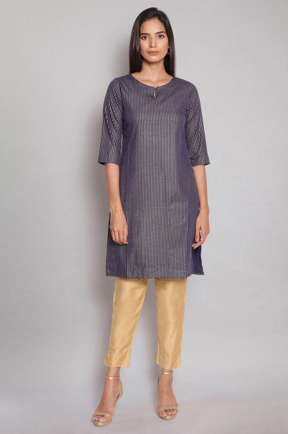 Navy Blue Round Neck Striped Straight kurta - wforwoman