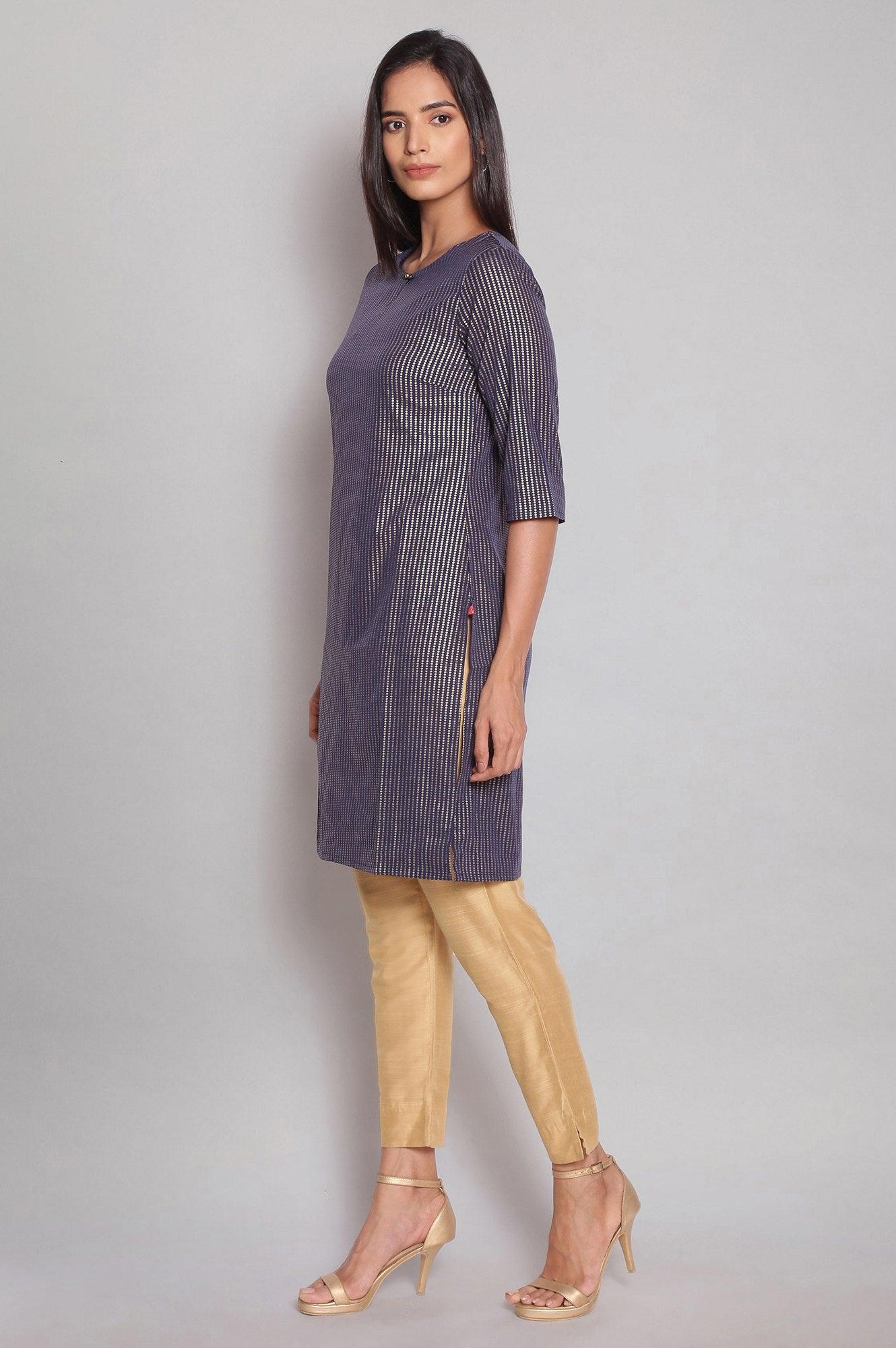 Navy Blue Round Neck Striped Straight kurta - wforwoman