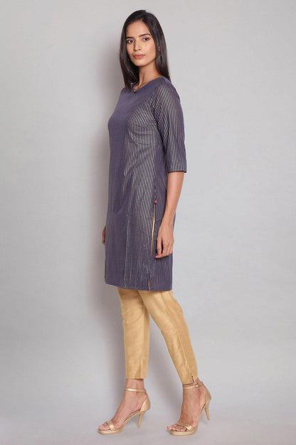 Navy Blue Round Neck Striped Straight kurta - wforwoman