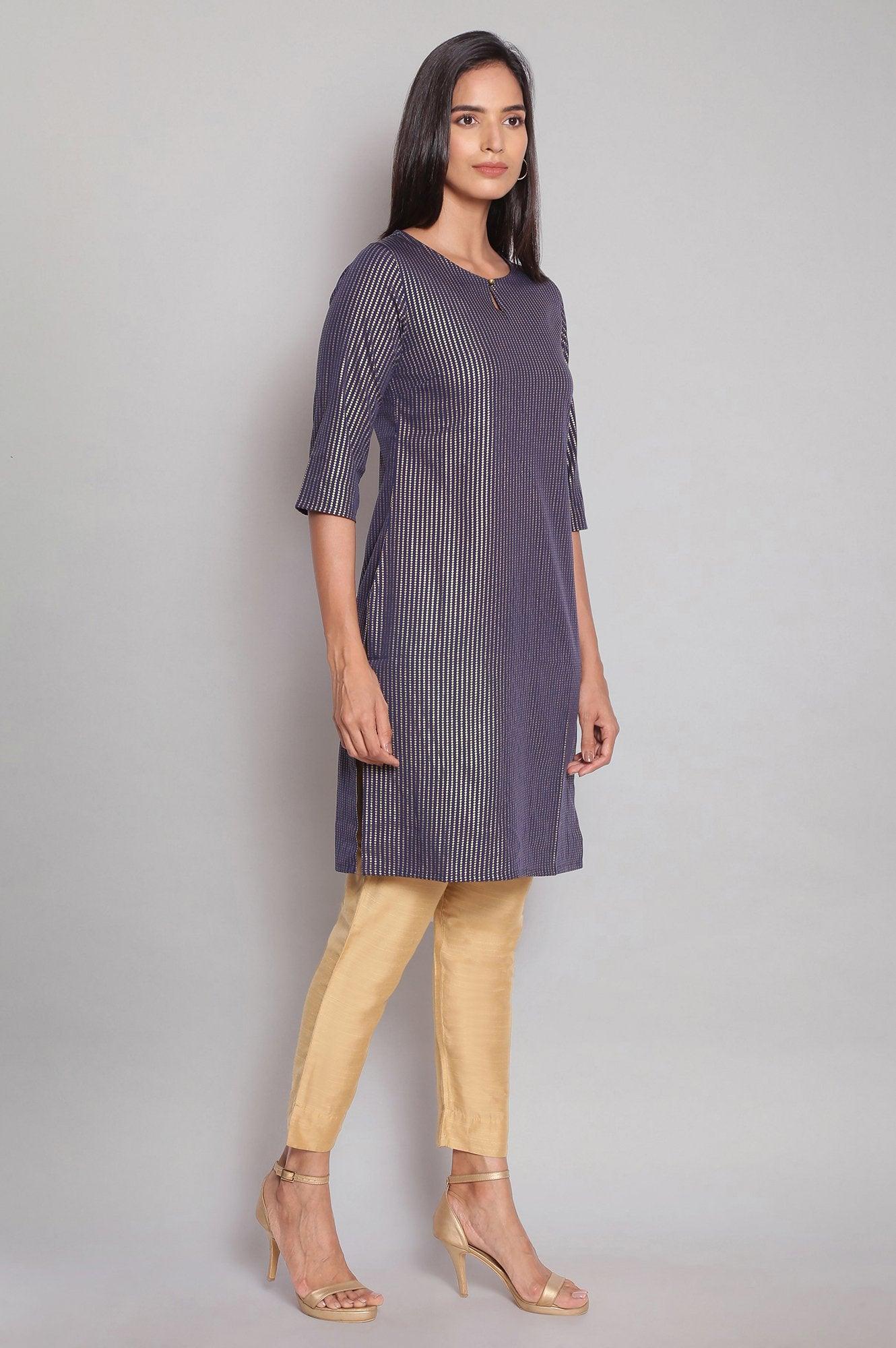 Navy Blue Round Neck Striped Straight kurta - wforwoman