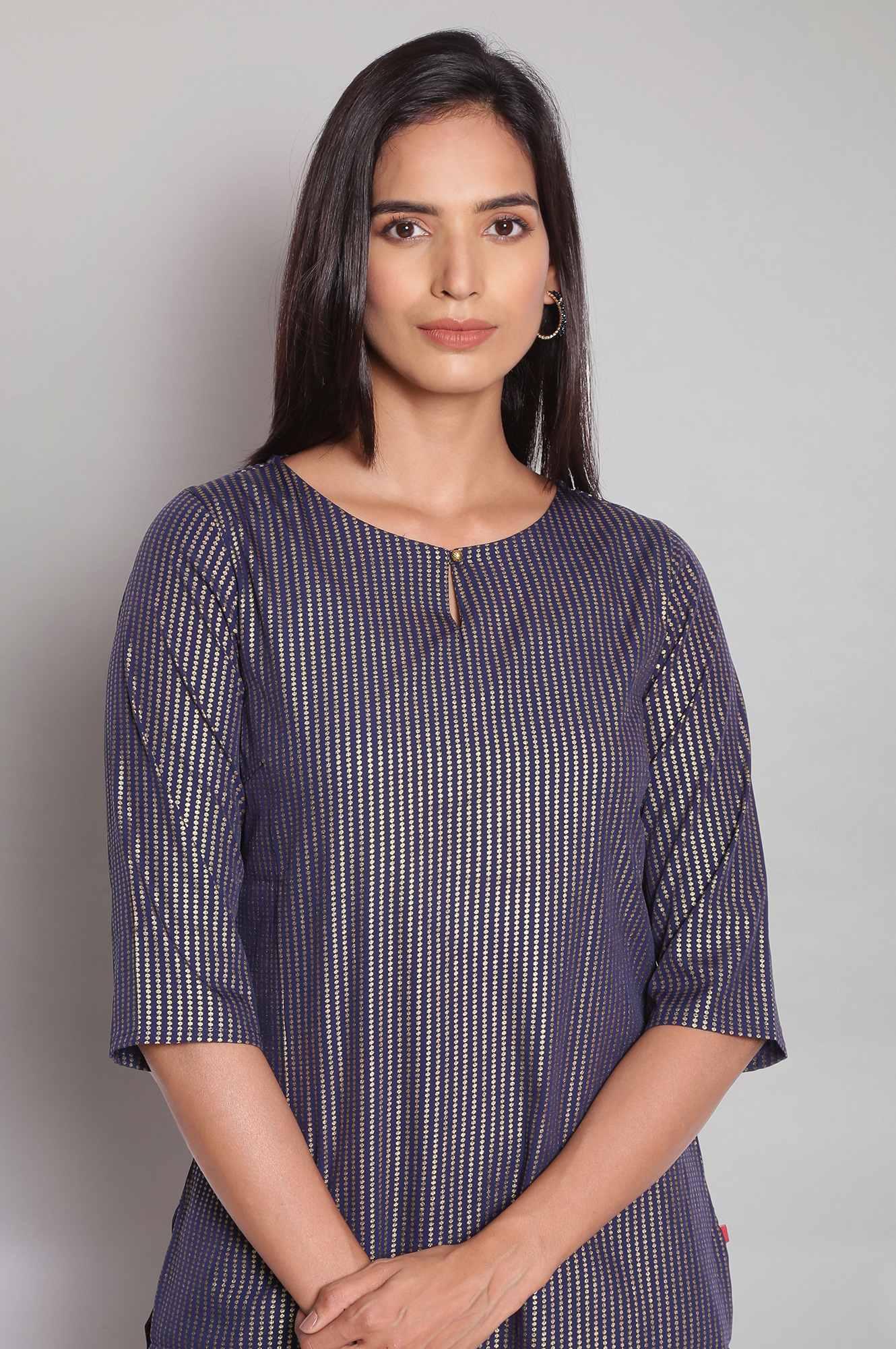 Navy Blue Round Neck Striped Straight kurta - wforwoman