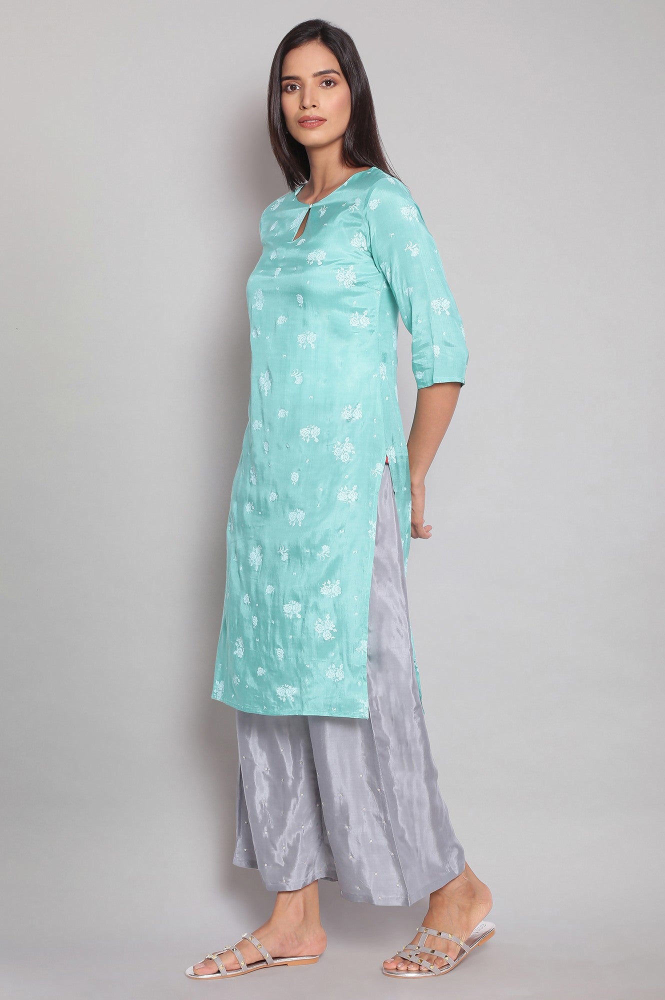 Teal Printed Straight kurta