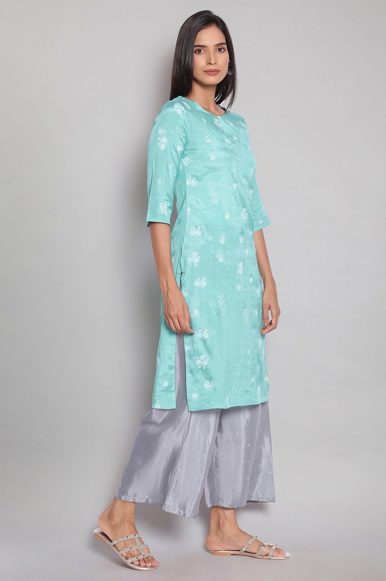 Teal Printed Straight kurta