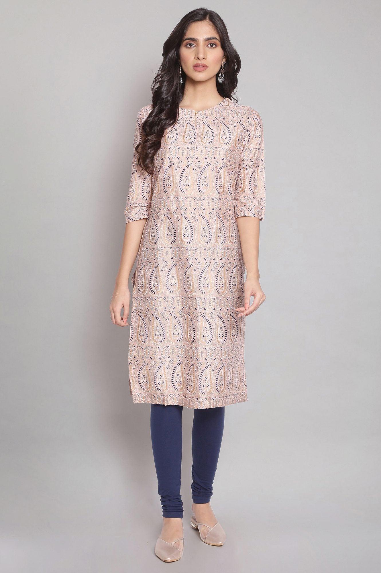 Light Pink Floral Print Straight kurta - wforwoman