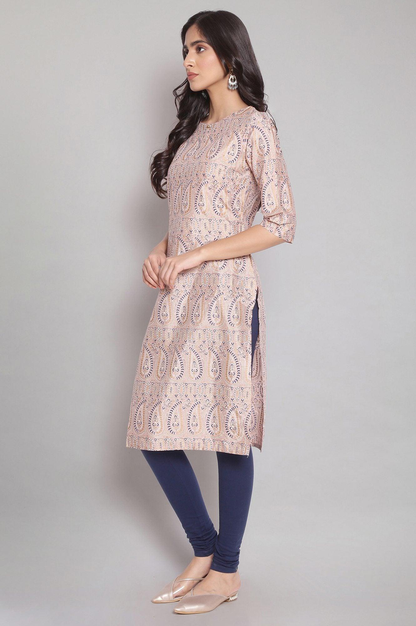 Light Pink Floral Print Straight kurta - wforwoman