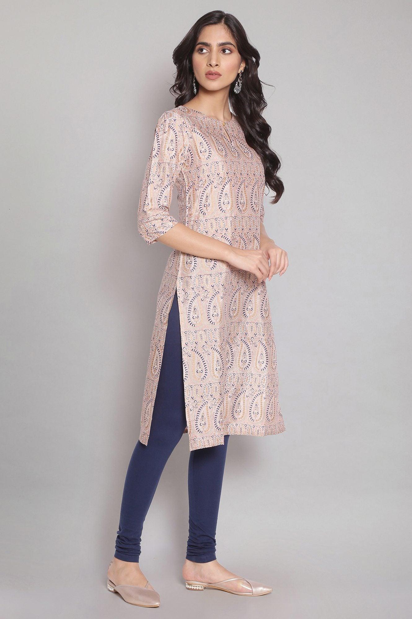 Light Pink Floral Print Straight kurta - wforwoman