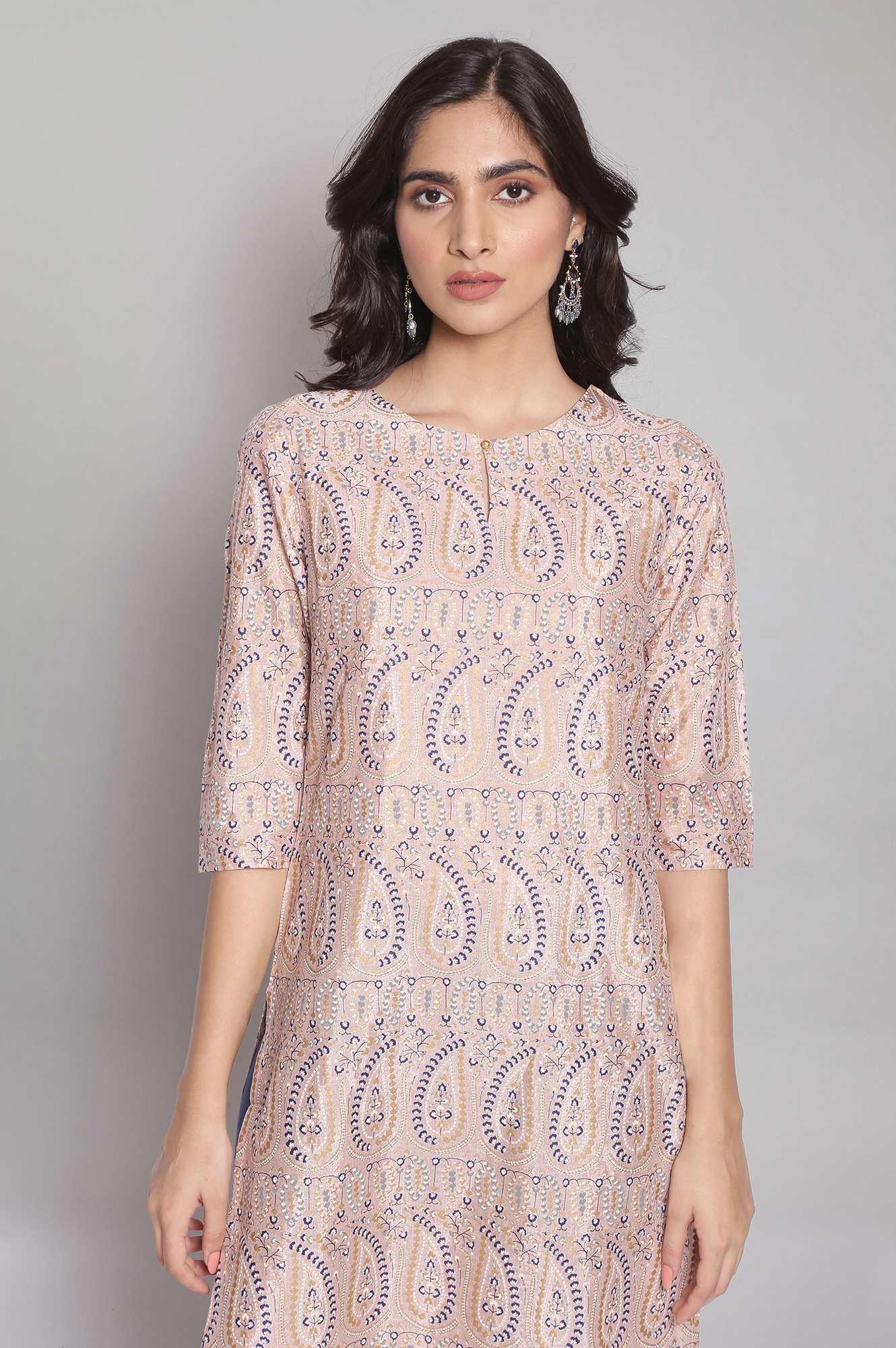 Light Pink Floral Print Straight kurta - wforwoman