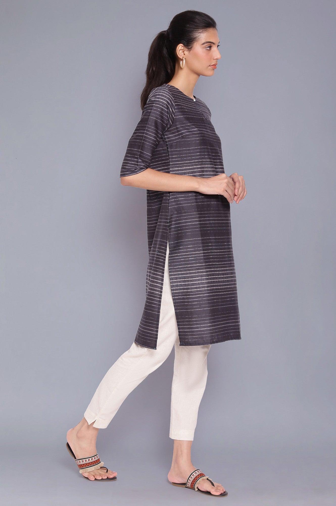 Dark Grey Stripe Printed Cotton kurta - wforwoman