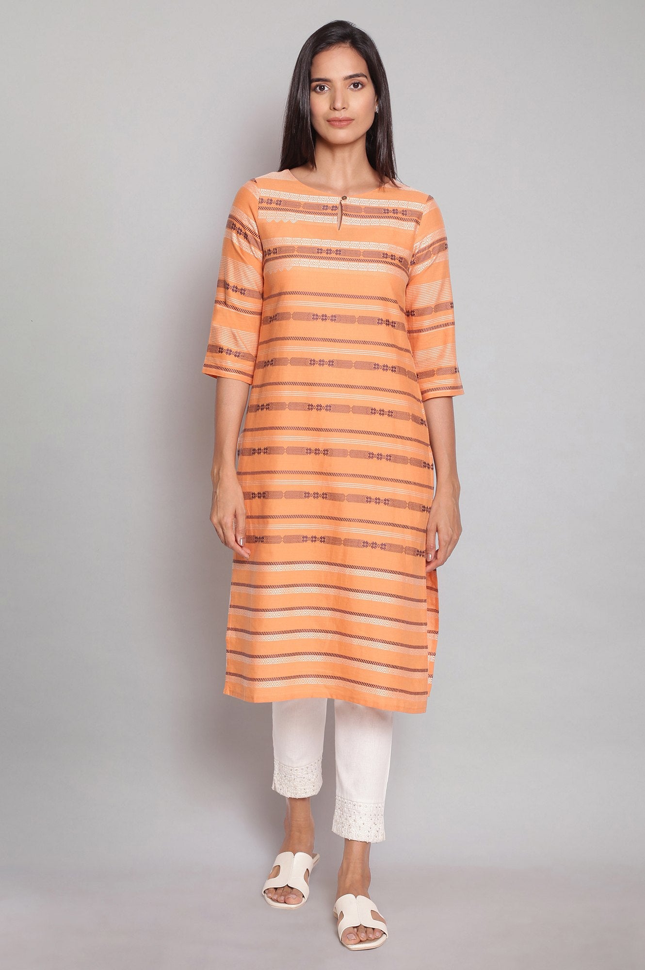 Orange Round Neck Dobby kurta