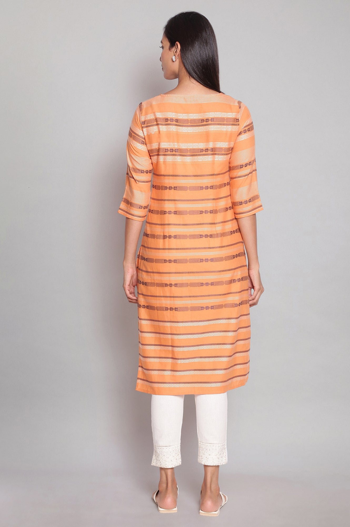 Orange Round Neck Dobby kurta