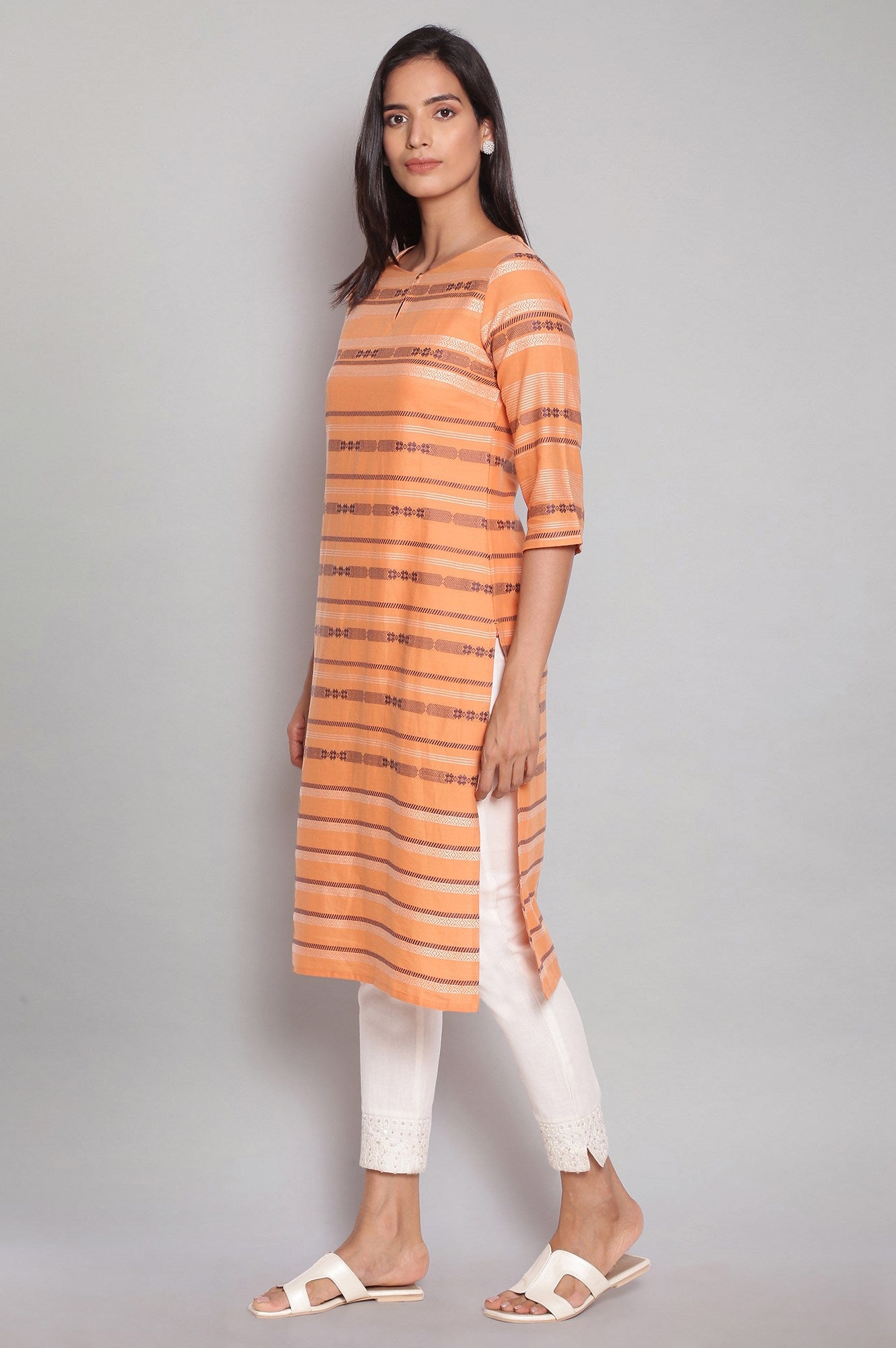 Orange Round Neck Dobby kurta