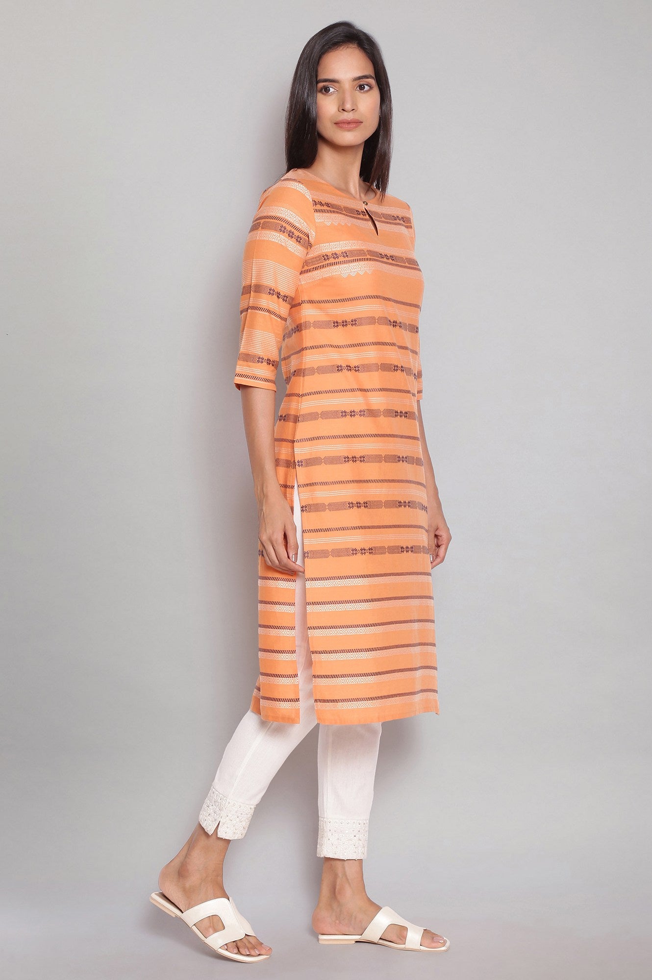 Orange Round Neck Dobby kurta