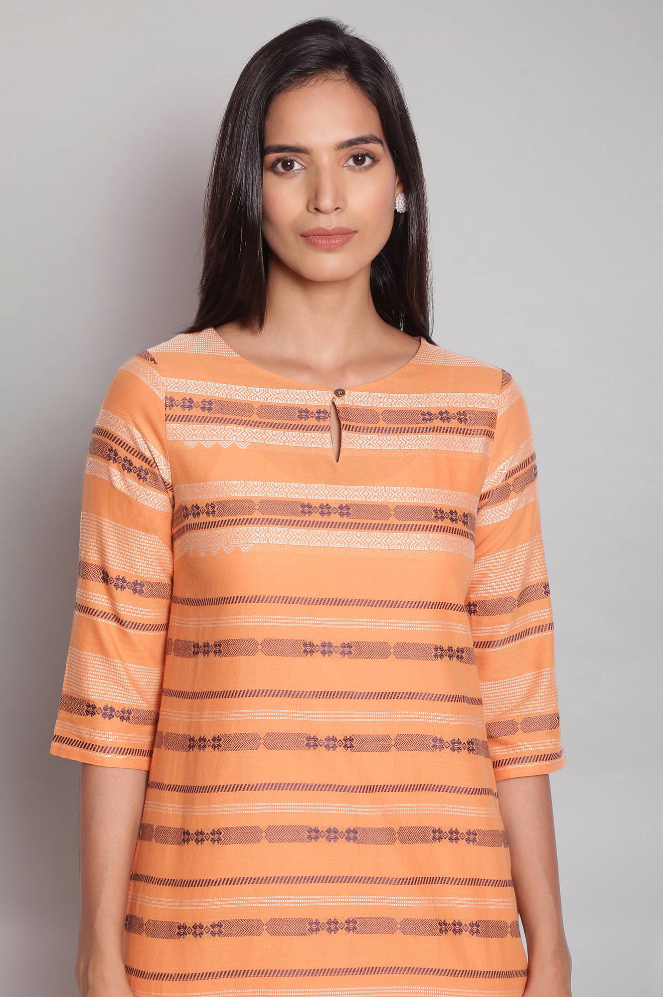 Orange Round Neck Dobby kurta