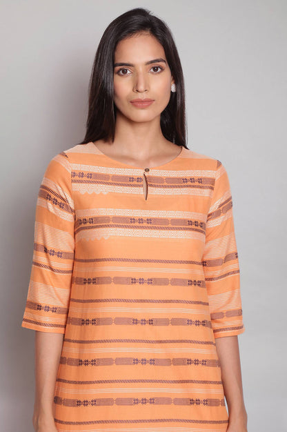 Orange Round Neck Dobby kurta