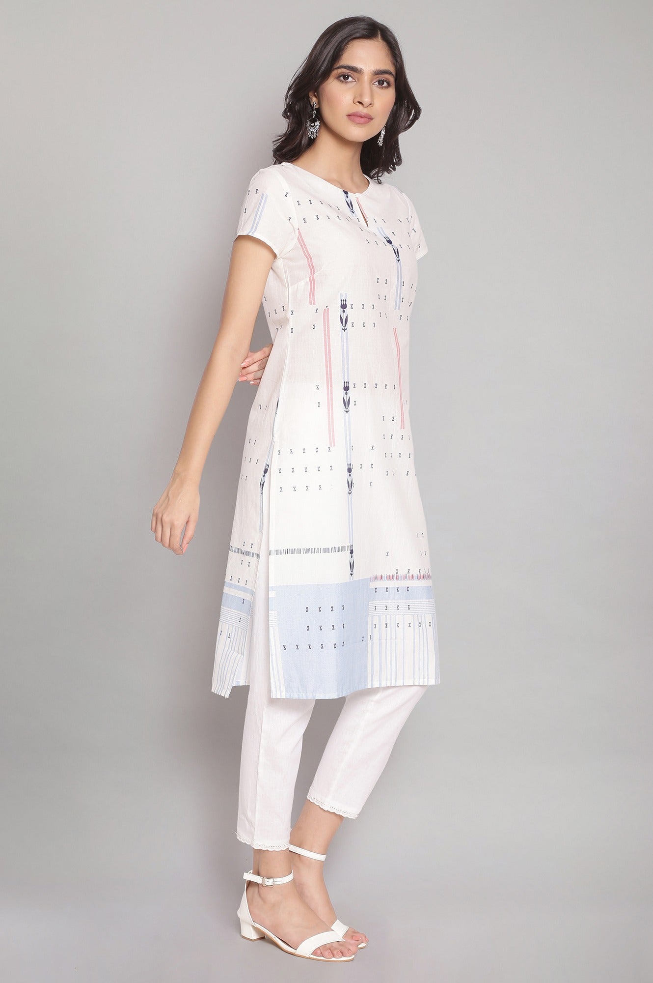 Ecru Round Neck Printed kurta