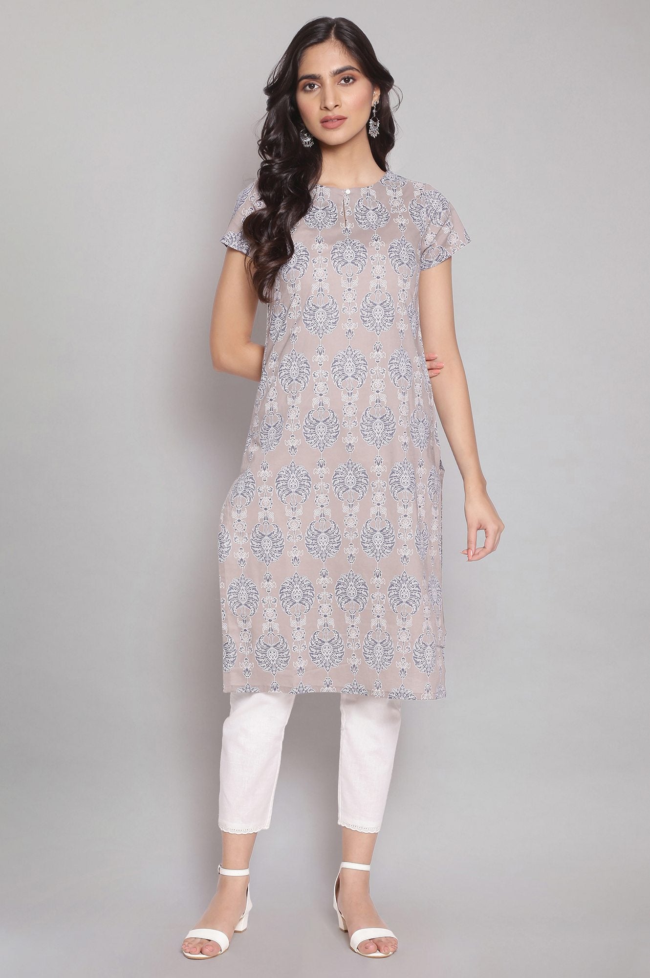 Grey Floral Print Straight kurta