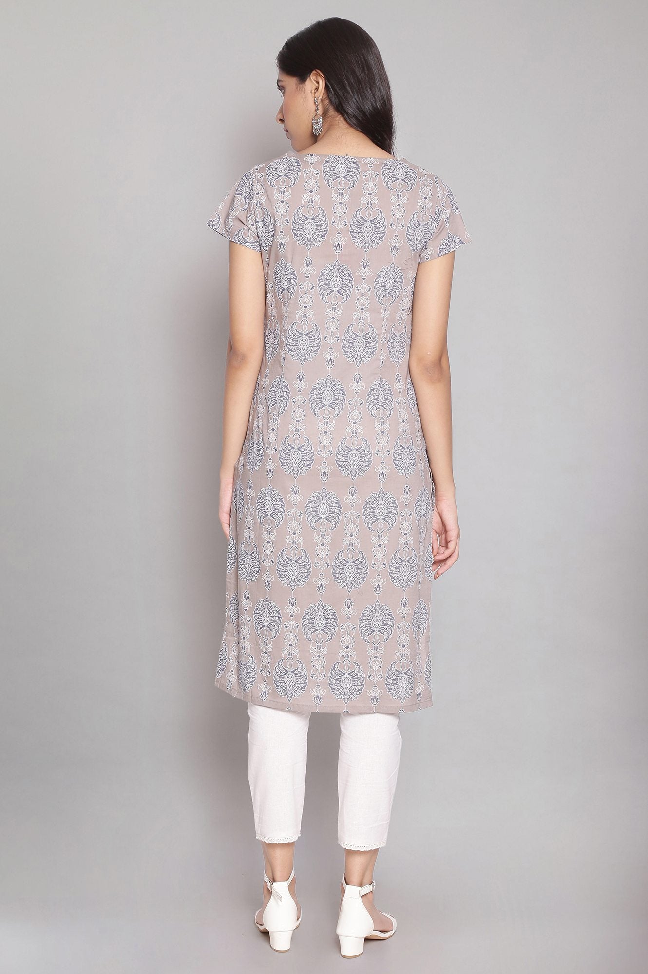 Grey Floral Print Straight kurta