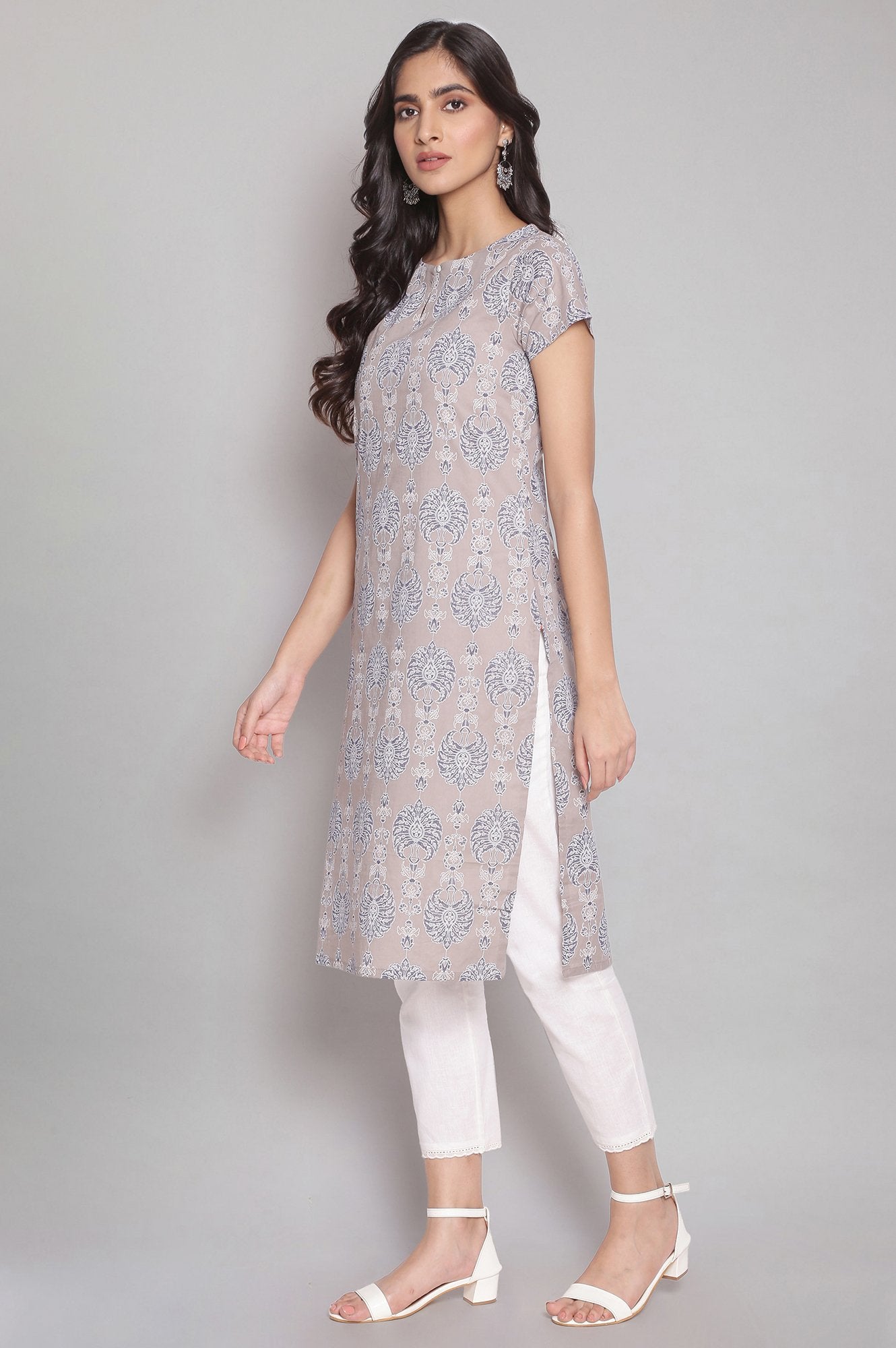 Grey Floral Print Straight kurta