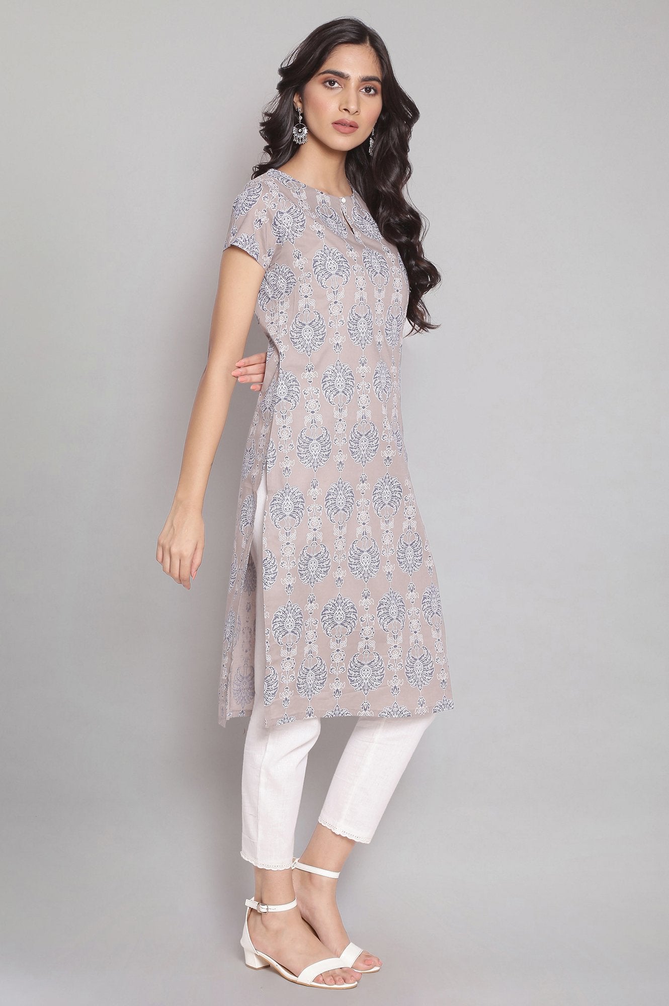 Grey Floral Print Straight kurta