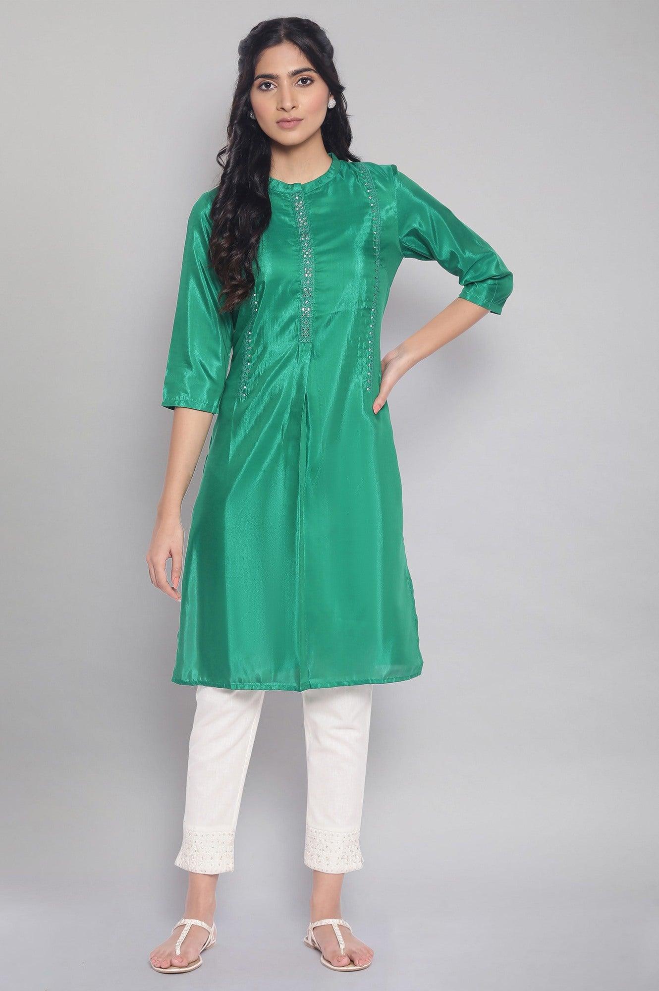 Green Tonal Embroidered Festive Straight kurta - wforwoman