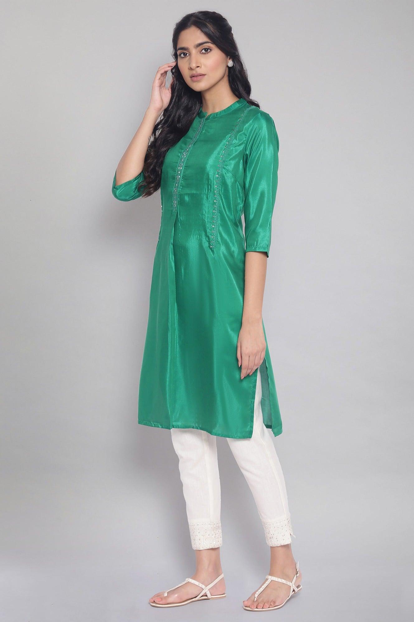 Green Tonal Embroidered Festive Straight kurta - wforwoman