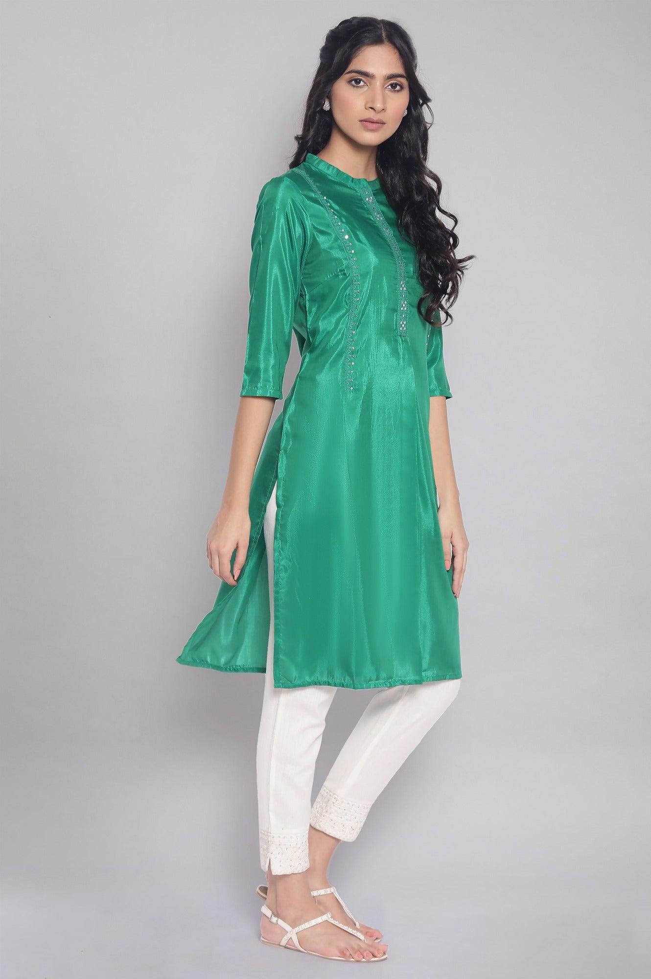 Green Tonal Embroidered Festive Straight kurta - wforwoman