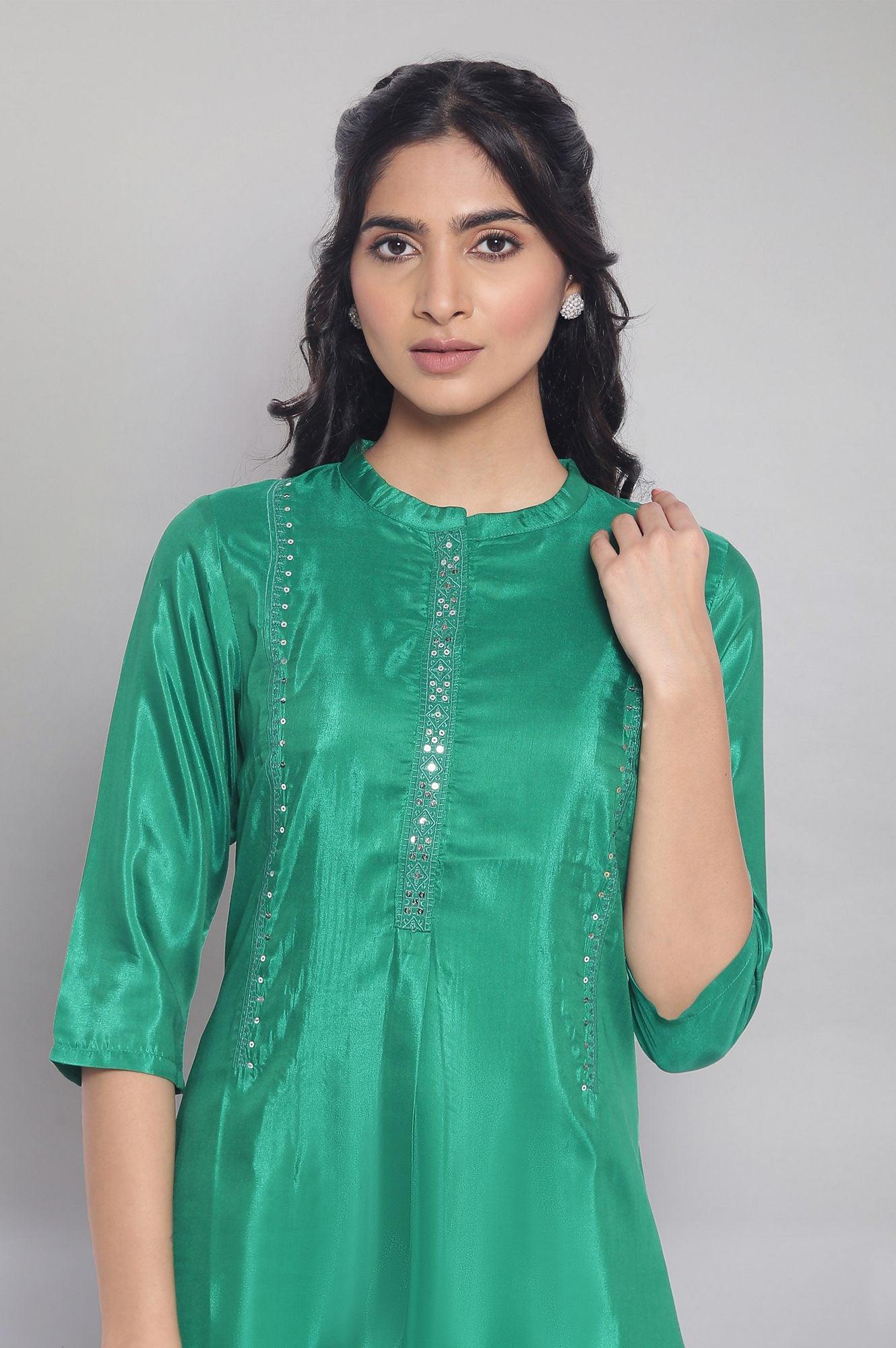 Green Tonal Embroidered Festive Straight kurta - wforwoman