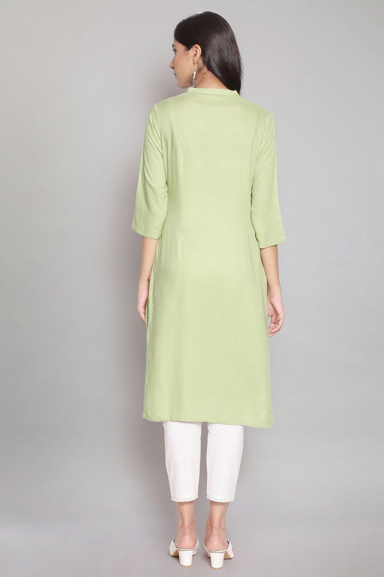 Green Embroidered Solid Straight kurta - wforwoman