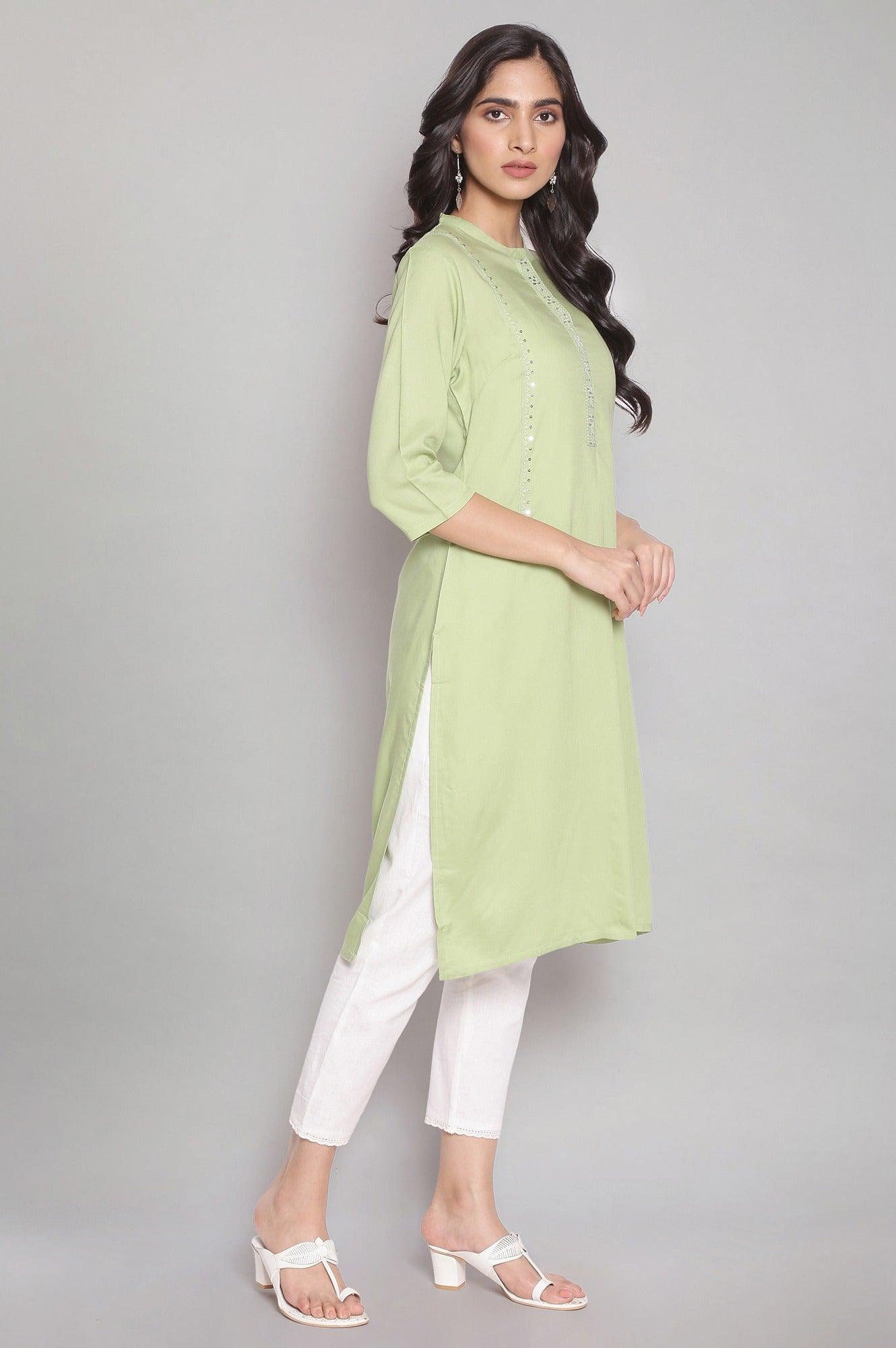 Green Embroidered Solid Straight kurta - wforwoman