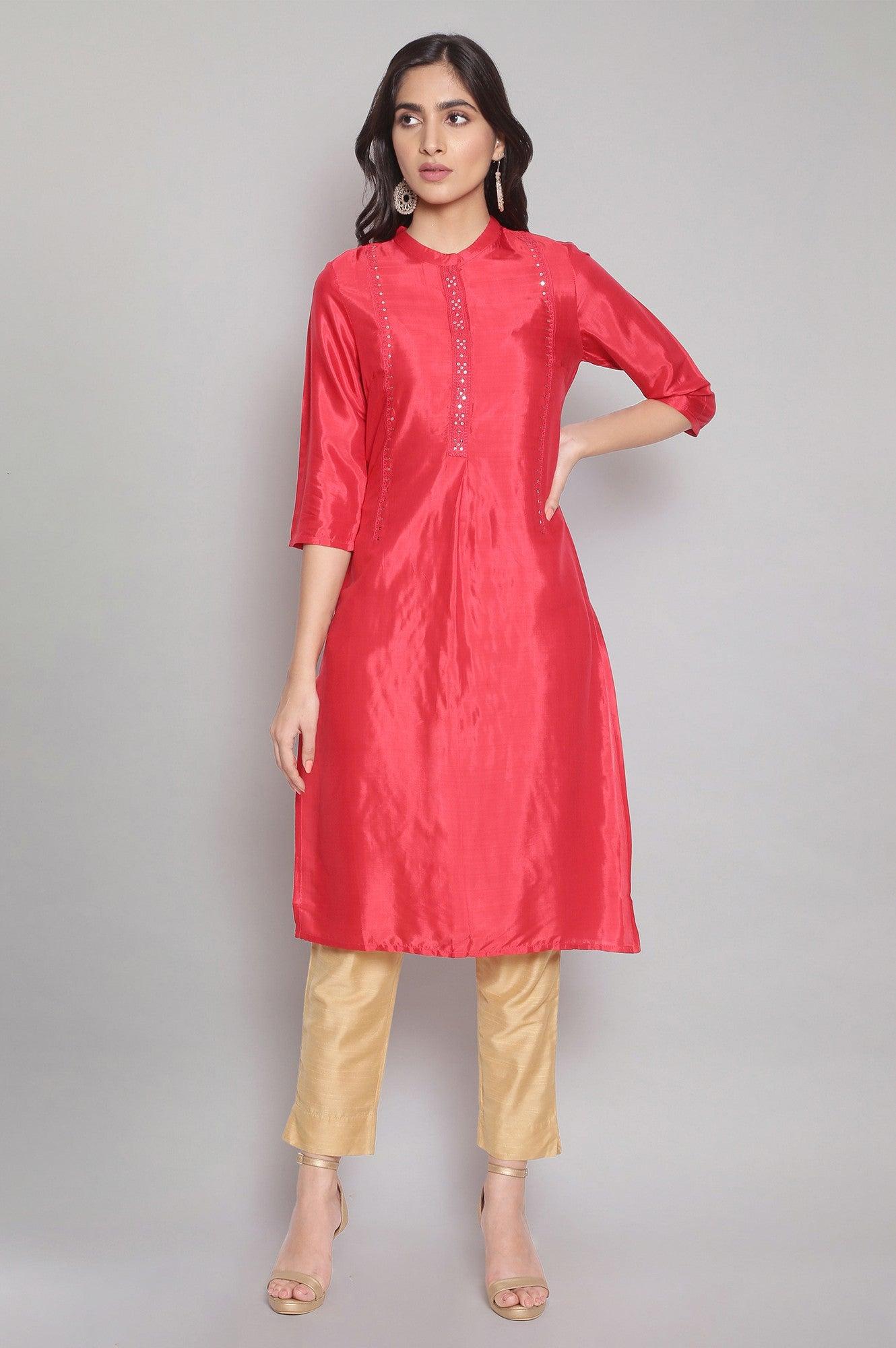 Red Tol Embroidered Straight kurta - wforwoman