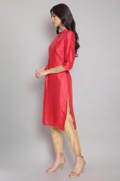 Red Tol Embroidered Straight kurta - wforwoman