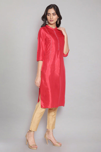 Red Tol Embroidered Straight kurta - wforwoman