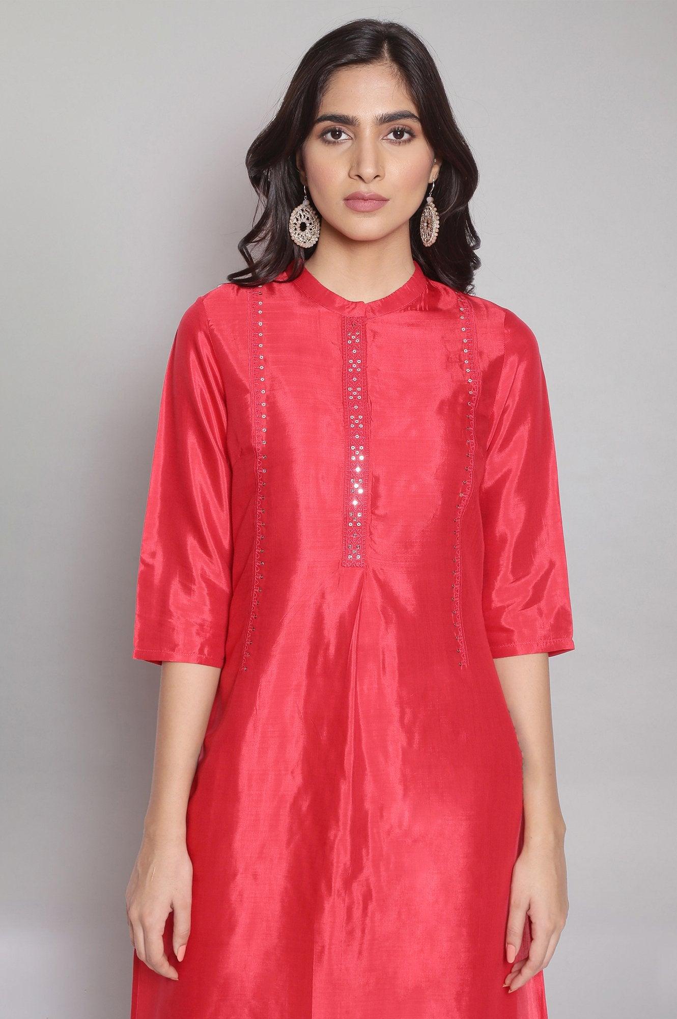 Red Tol Embroidered Straight kurta - wforwoman