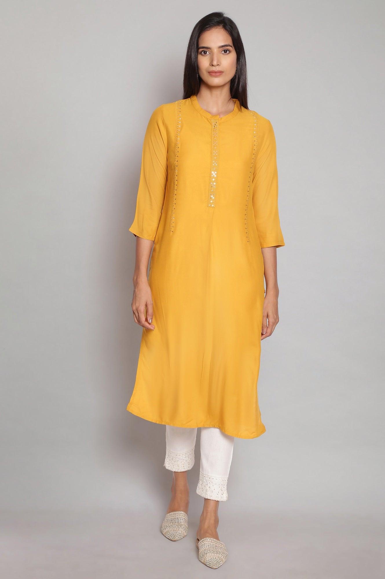 Mustard Yellow Tol Embroidered Straight kurta - wforwoman