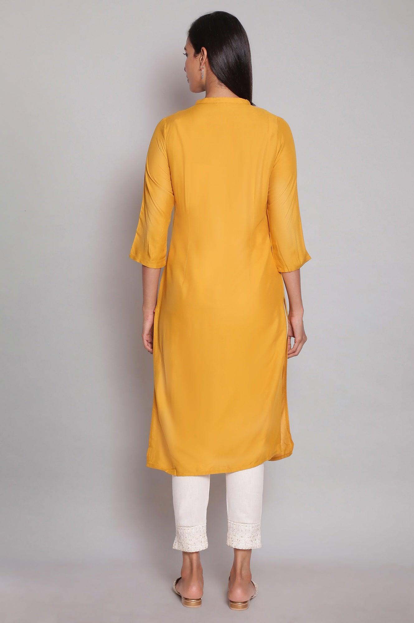 Mustard Yellow Tol Embroidered Straight kurta - wforwoman