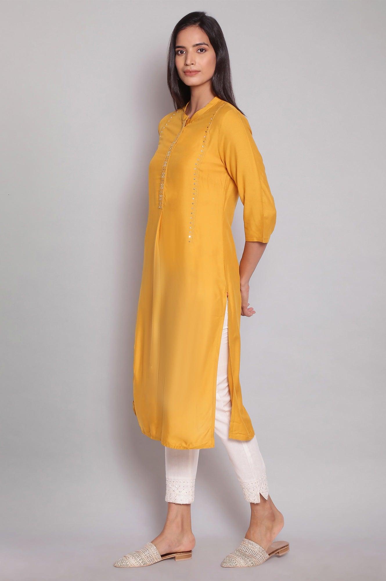 Mustard Yellow Tol Embroidered Straight kurta - wforwoman