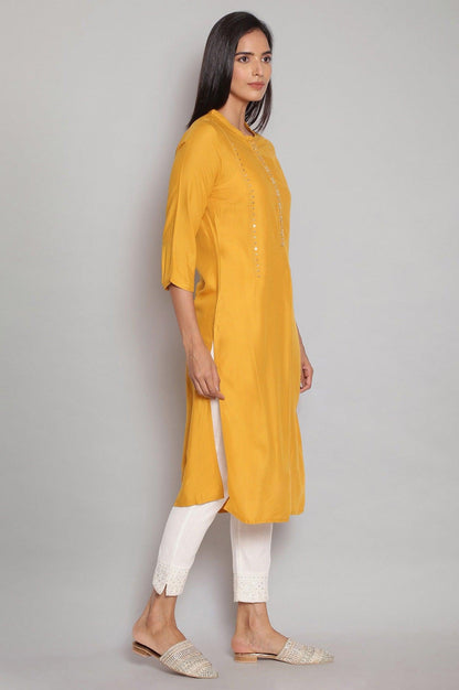 Mustard Yellow Tol Embroidered Straight kurta - wforwoman