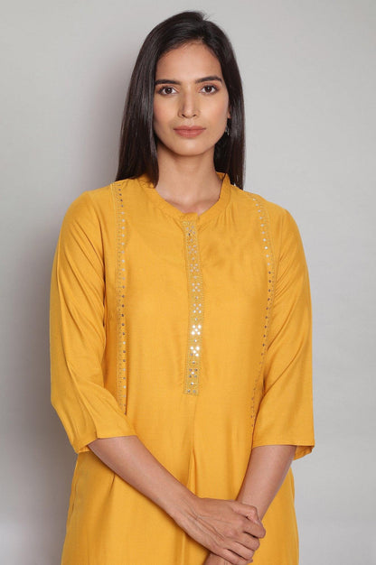 Mustard Yellow Tol Embroidered Straight kurta - wforwoman