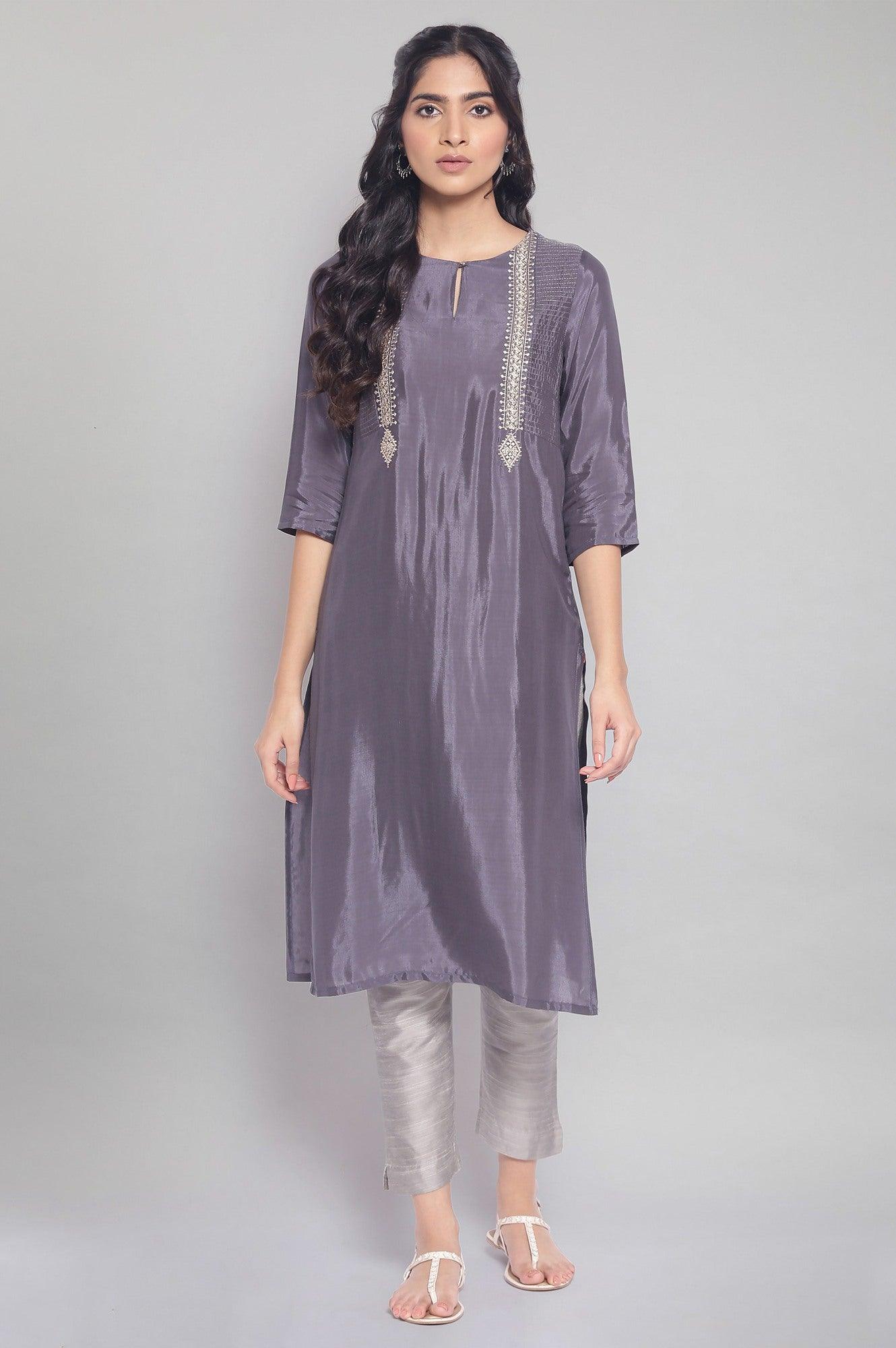 Grey Festive Solid Straight kurta - wforwoman