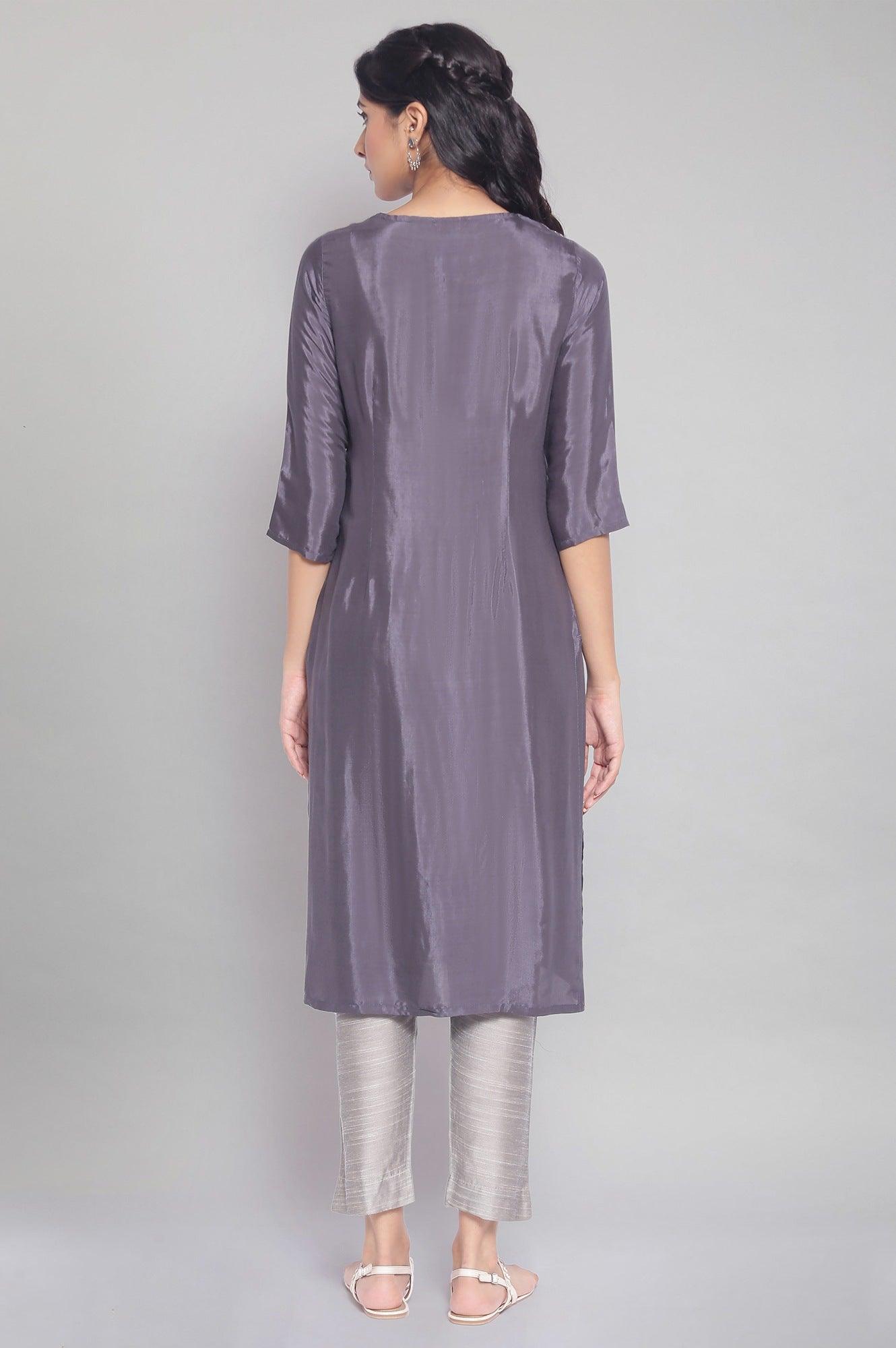 Grey Festive Solid Straight kurta - wforwoman