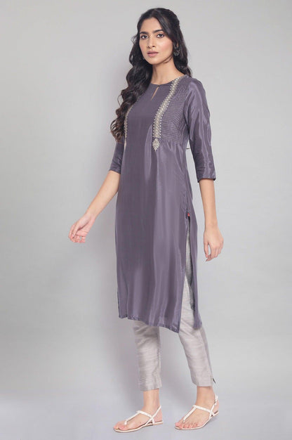 Grey Festive Solid Straight kurta - wforwoman