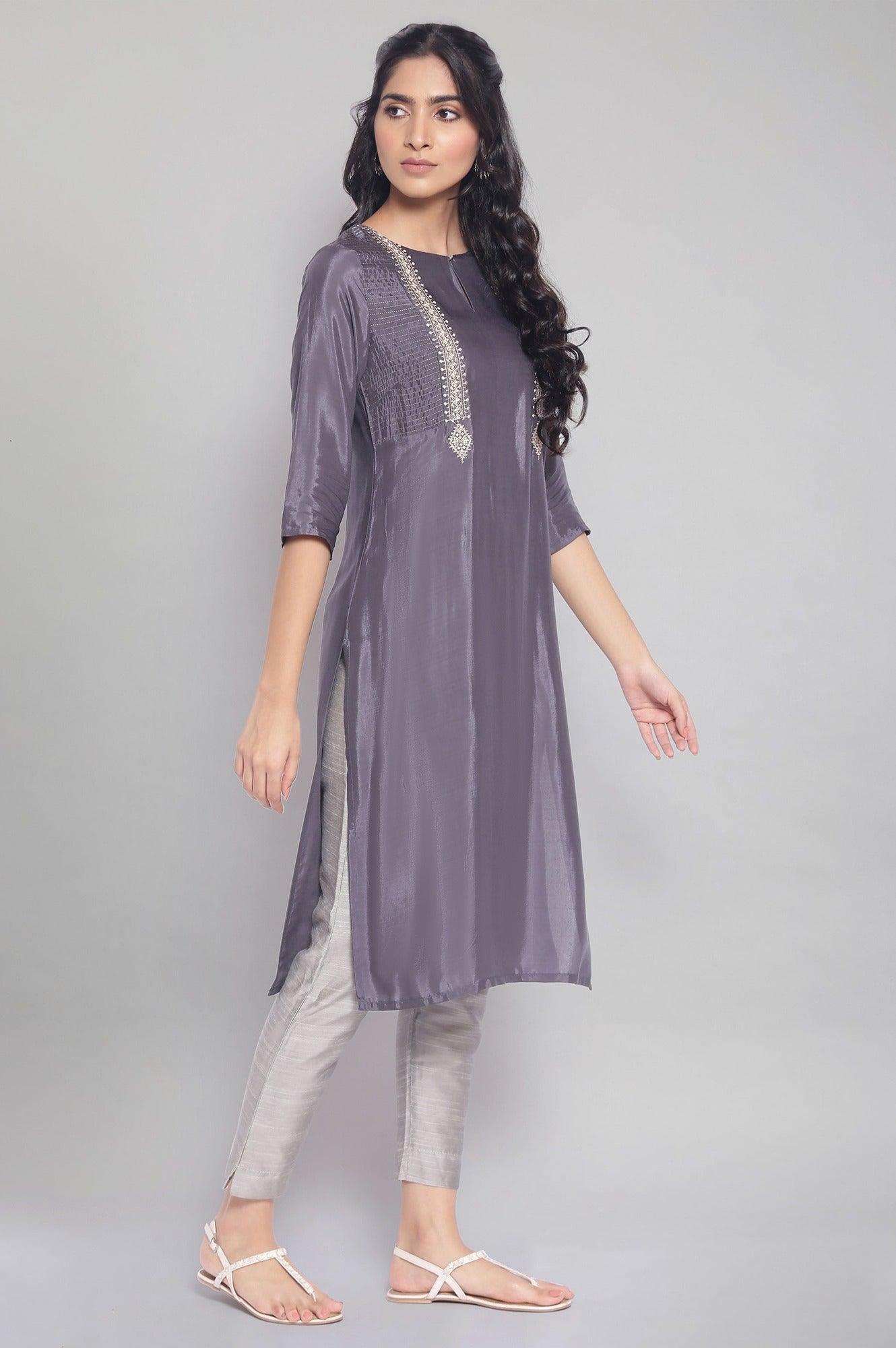 Grey Festive Solid Straight kurta - wforwoman