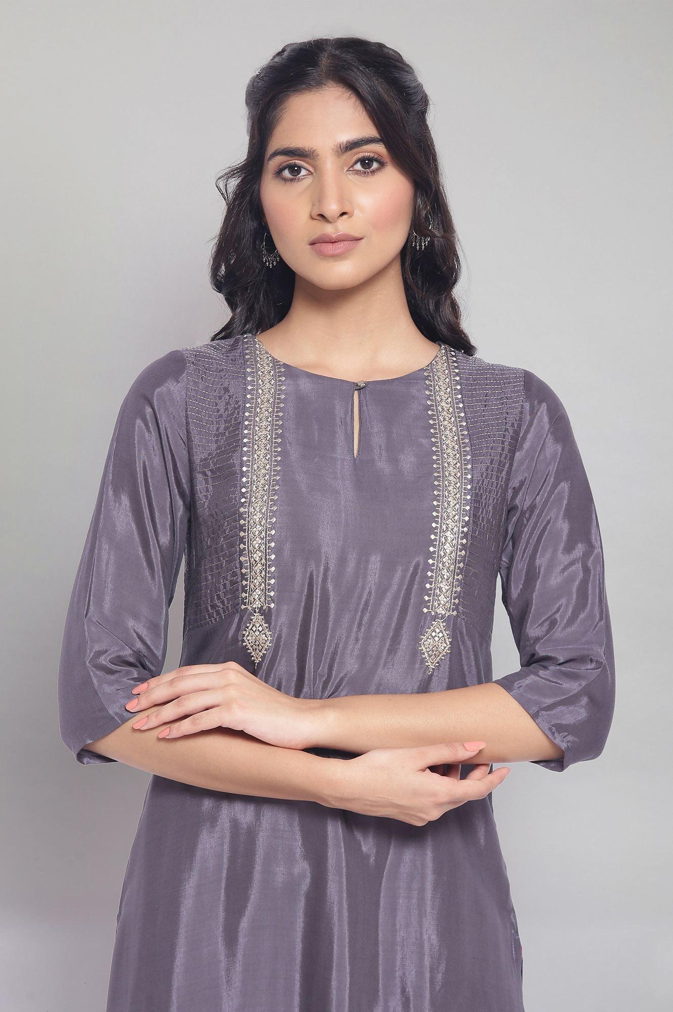 Grey Festive Solid Straight kurta - wforwoman