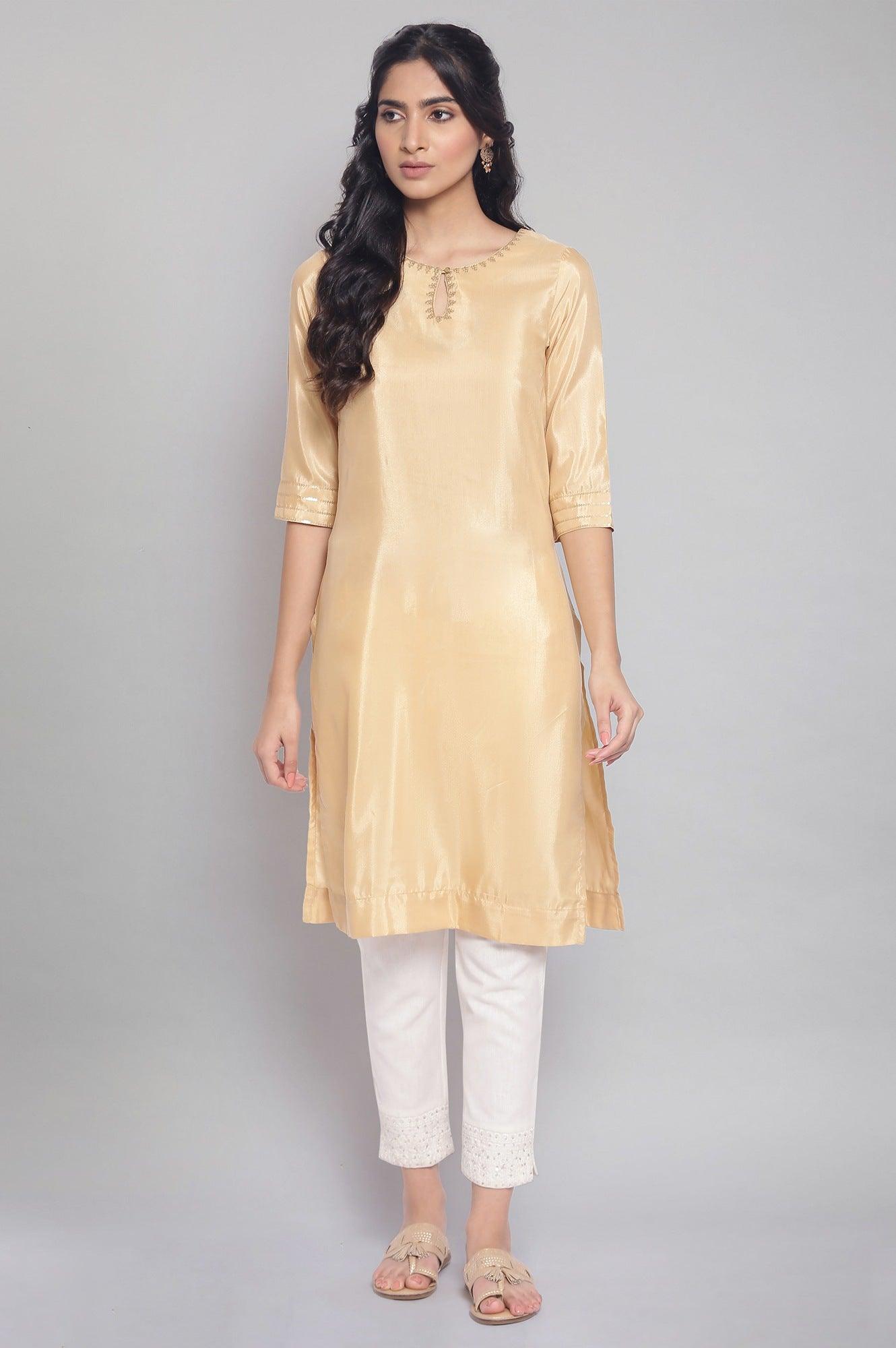 Gold Festive Solid Straight kurta - wforwoman