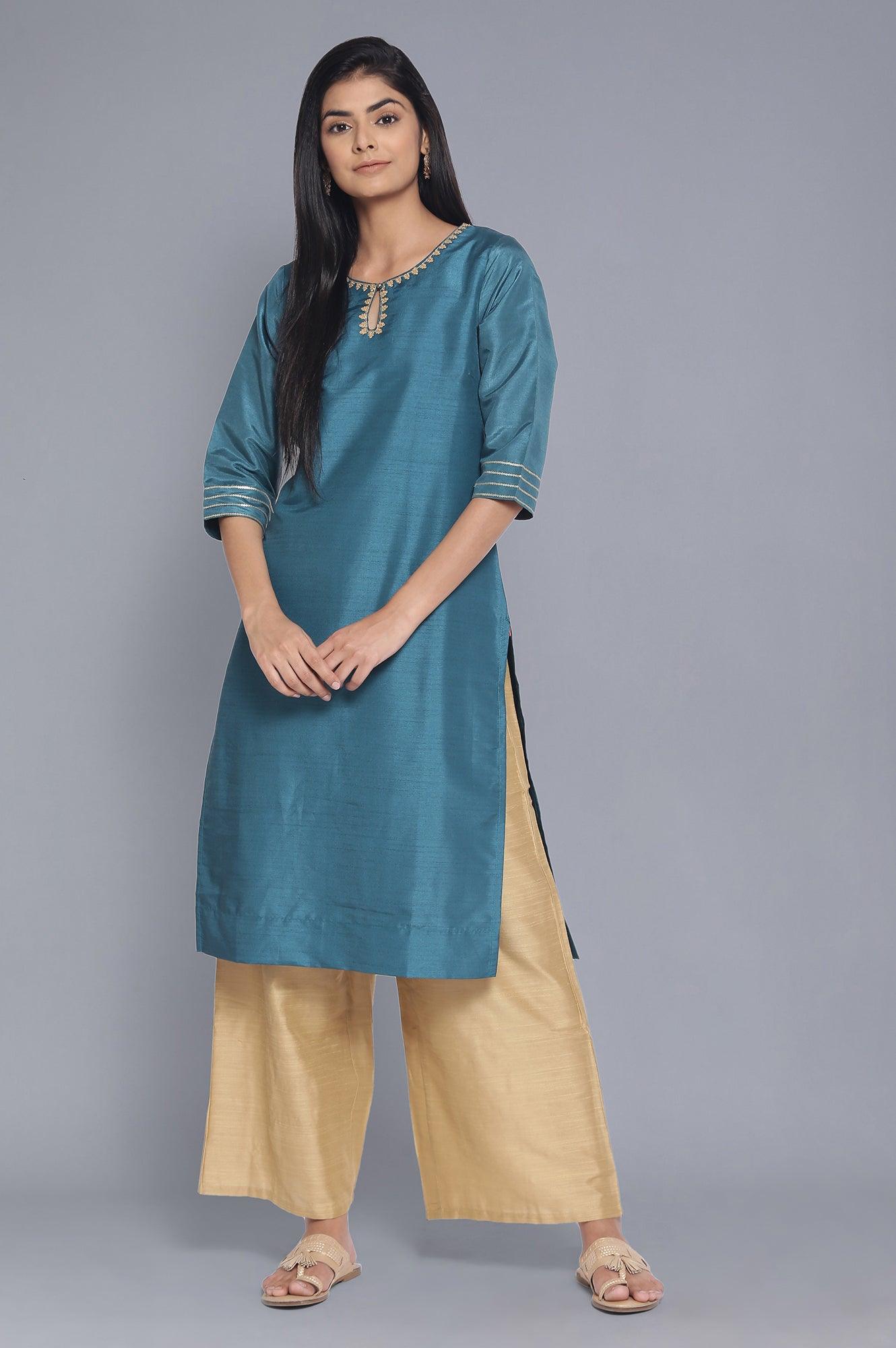 Dark Teal Festive Solid Straight kurta - wforwoman