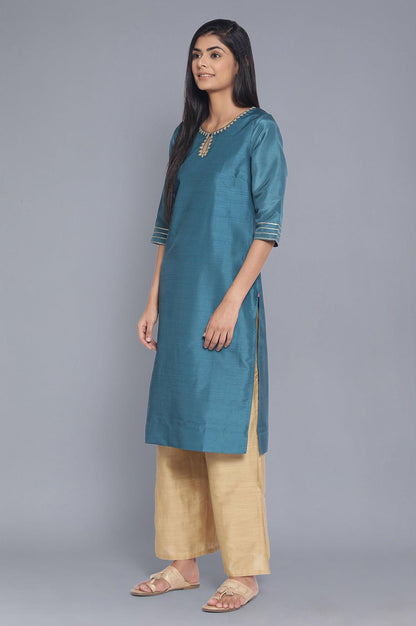 Dark Teal Festive Solid Straight kurta - wforwoman